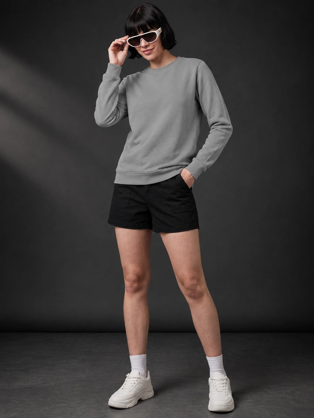 Leotude Women's Solid Grey Round Neck Sweatshirt