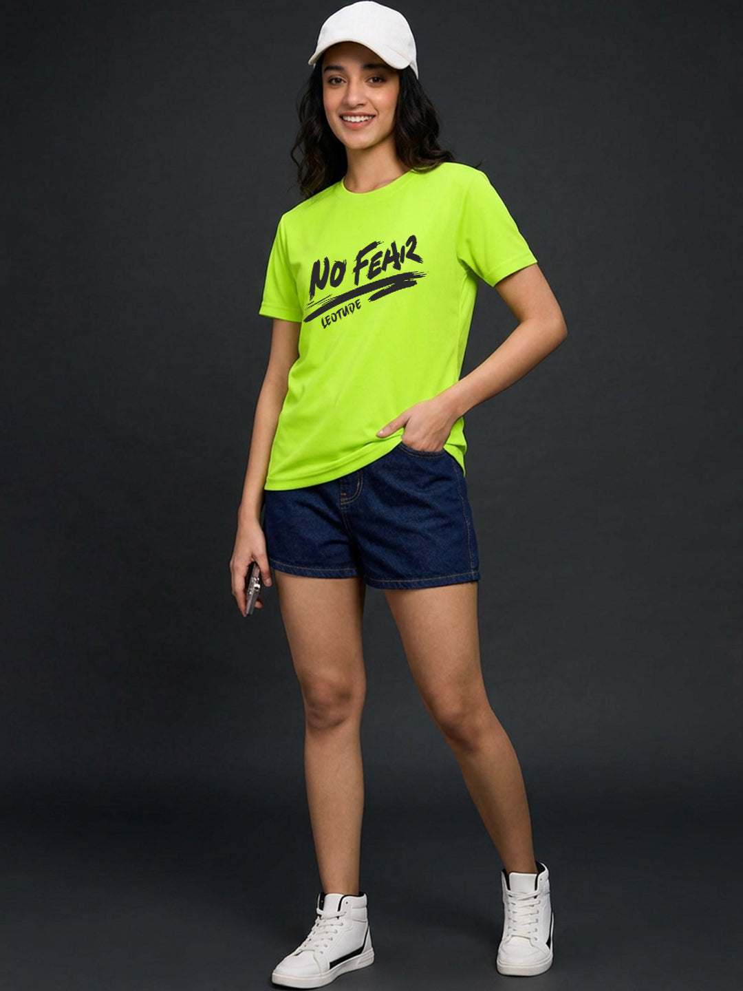 Leotude Women's Neon Green No Fear Printed T-Shirt