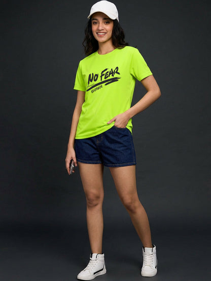 Leotude Women's Neon Green No Fear Printed T-Shirt