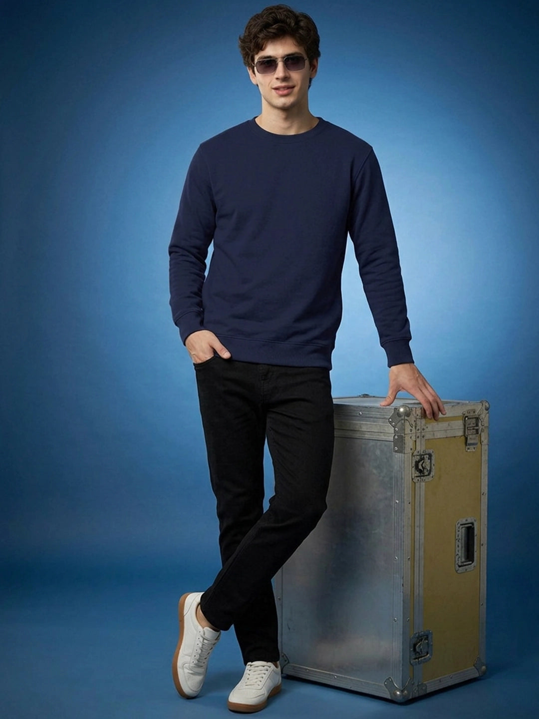 Men's Plain Navy Blue Crew Neck Sweatshirt
