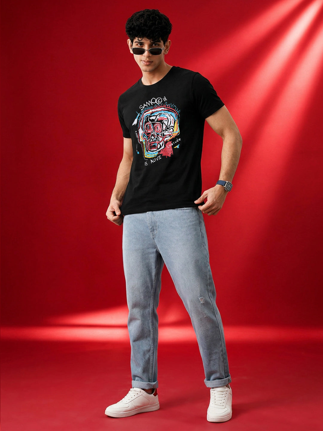 Leotude Men's Black Skull Art Printed T-Shirt