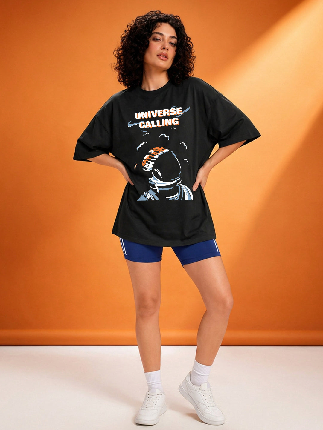 Leotude Black Universe Printed Oversized Tshirt for Women