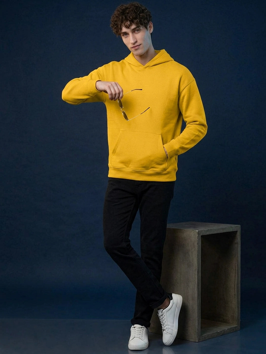 Leotude Mustard Yellow Solid Hooded Sweatshirt for Men