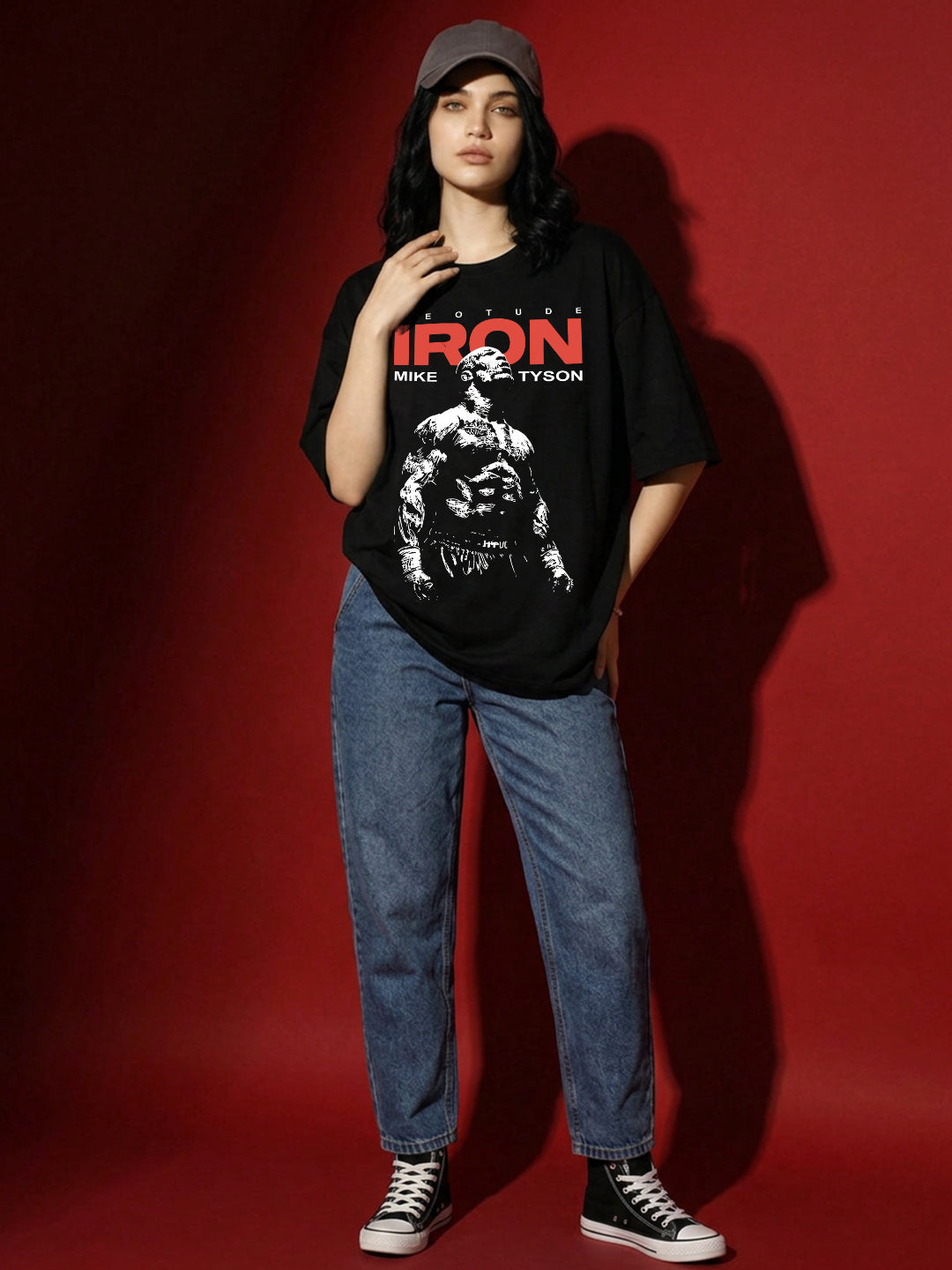 Leotude Women's Mike Tyson Iron Graphic Printed Black Oversized T-Shirt