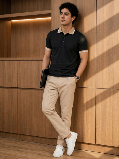 Leotude Men's Black Beige Contrast Tipped Polo T-Shirt