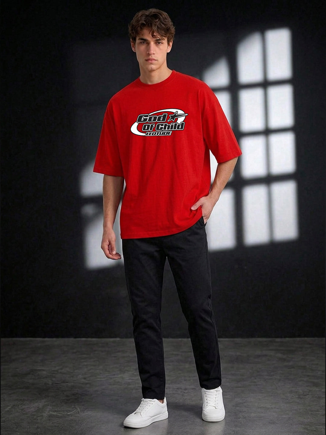 Leotude Men "God Of Child" Red Oversized T-Shirt