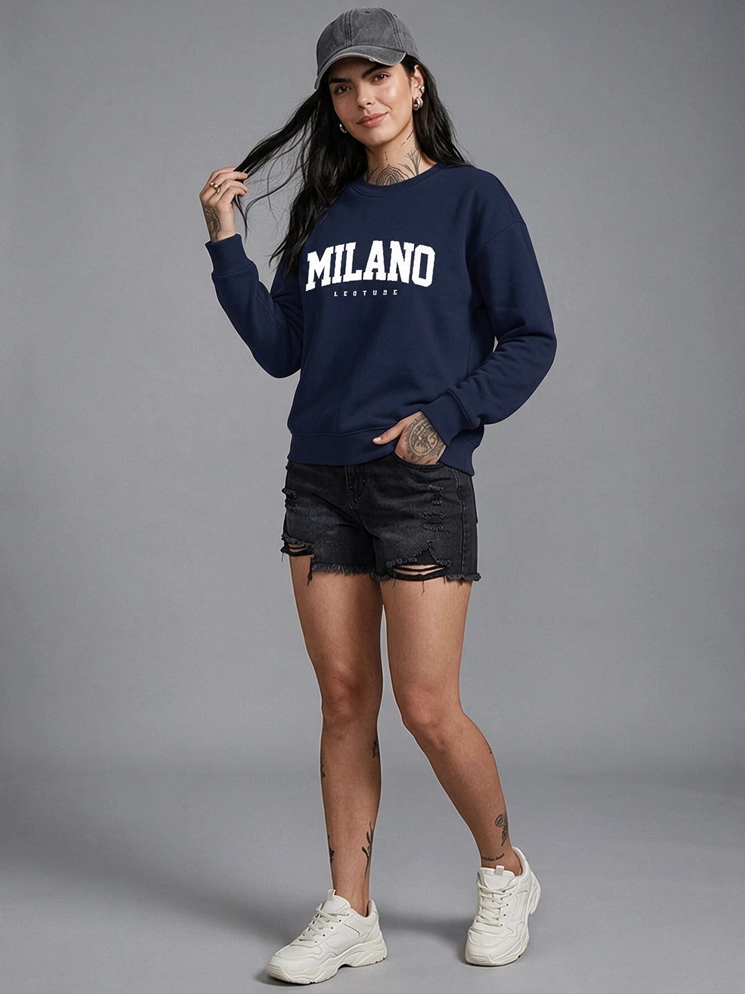 Leotude Women's Navy Blue MILANO Typography Printed Sweatshirt