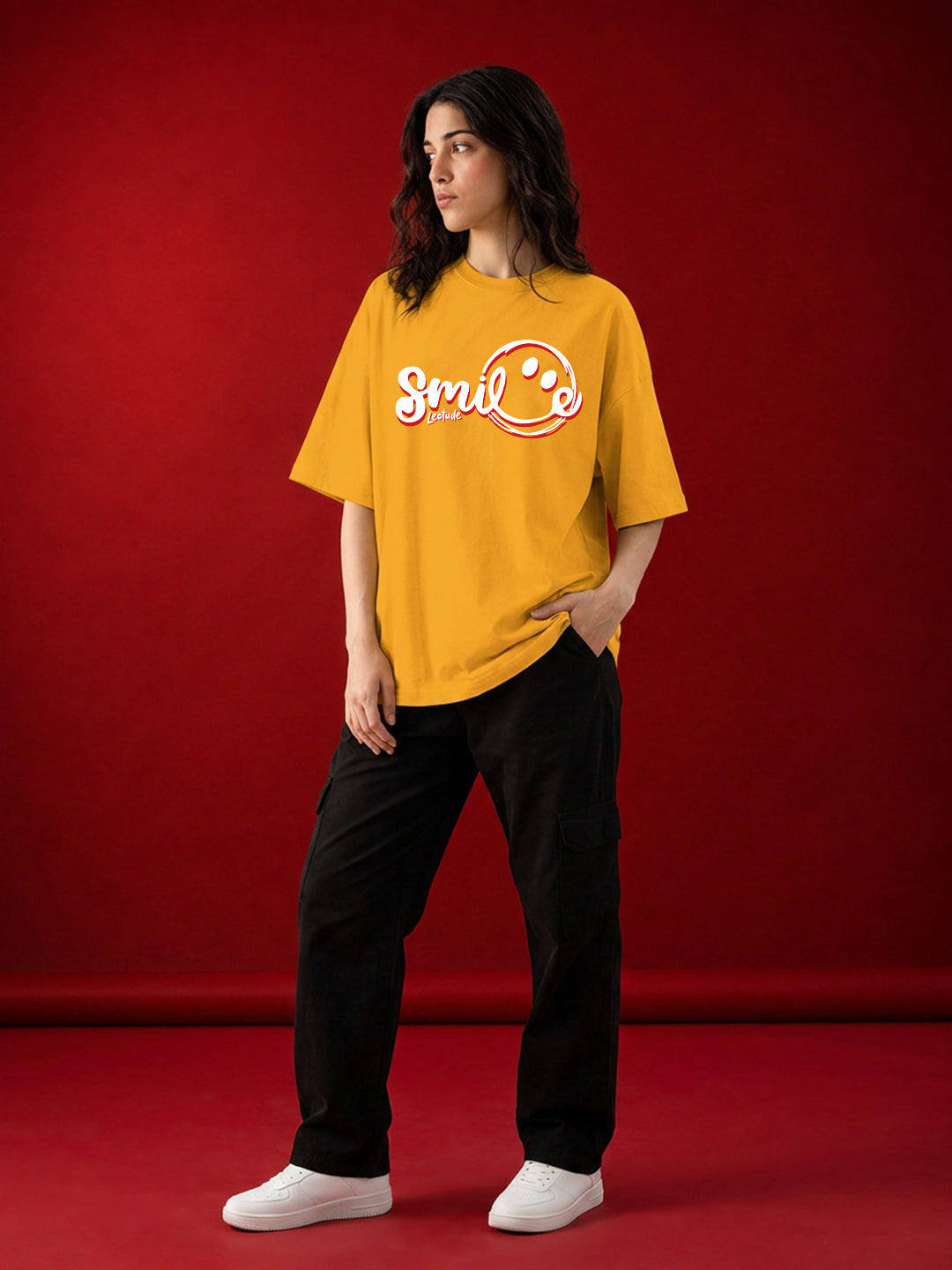 Leotude Mustard Smile Printed Oversized Tshirt for Women