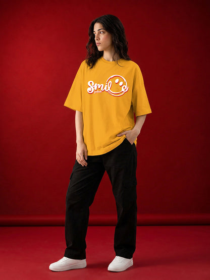 Leotude Mustard Smile Printed Oversized Tshirt for Women