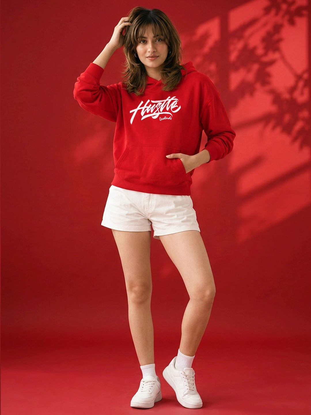 Leotude Women's Red Hustle Printed Hooded Sweatshirt