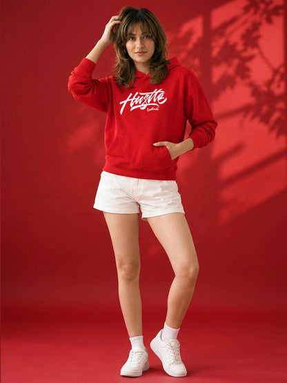 Leotude Women's Red Hustle Printed Hooded Sweatshirt