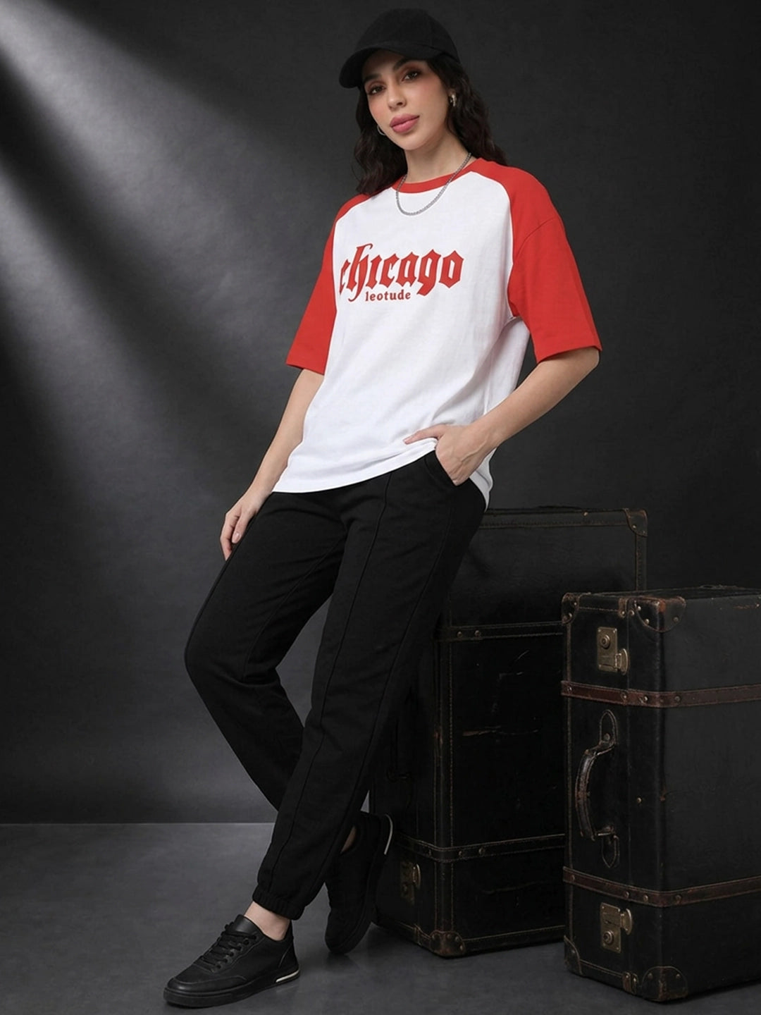 Leotude Women's White Chicago Raglan Oversized T-Shirt