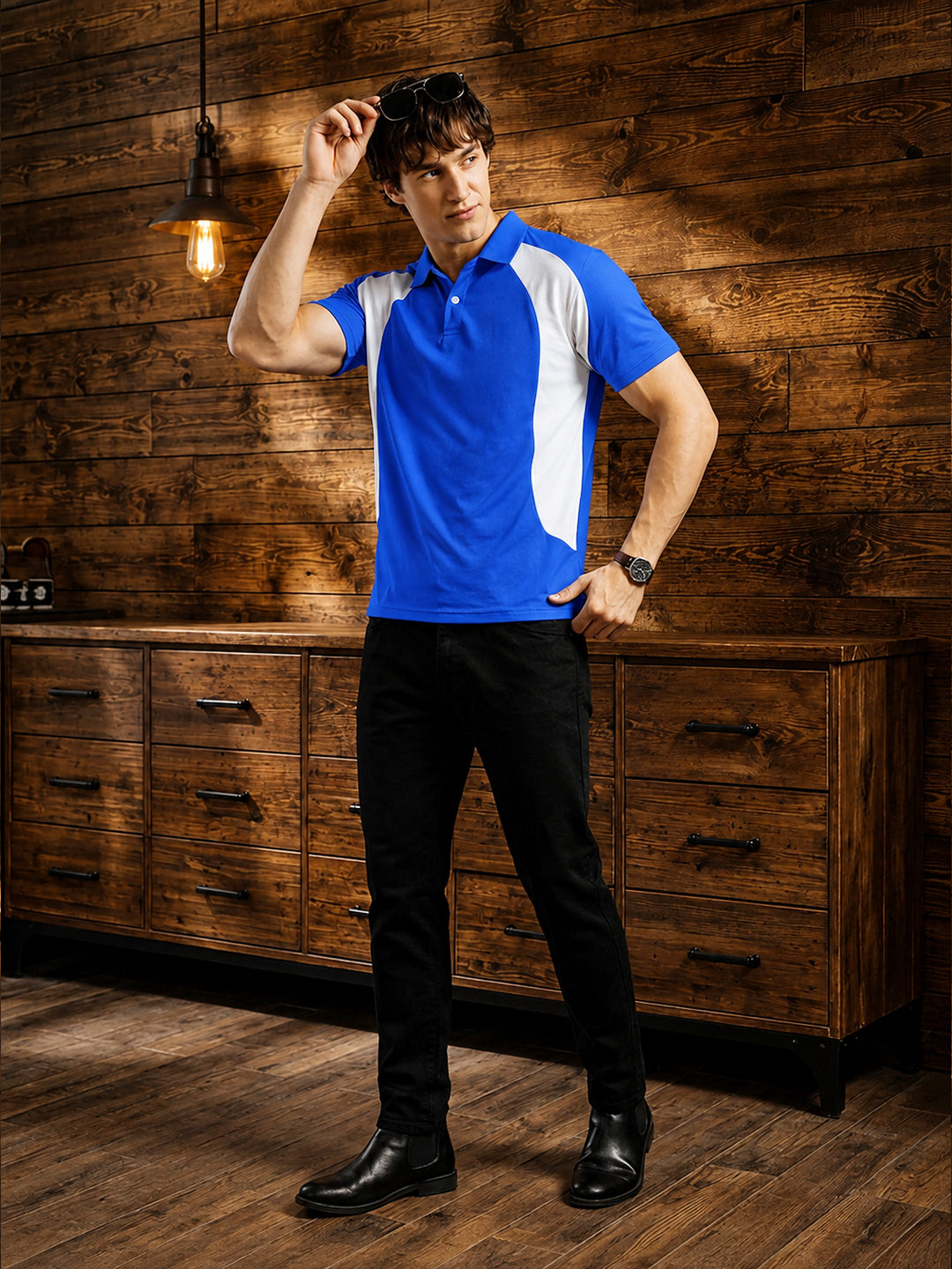 Leotude Men's Royal Blue Contrast Panel Polo T-Shirt