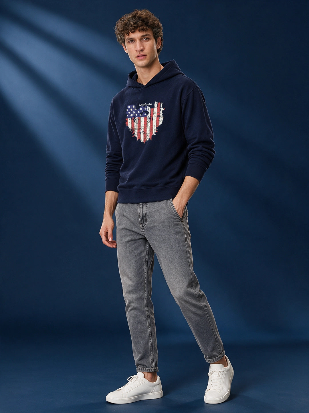 Leotude Navy Blue American Flag Graphic Printed Hooded Sweatshirt for Men