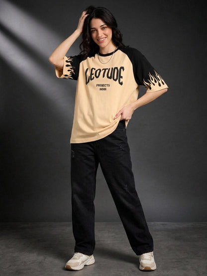 Leotude Women's Flame Print Raglan T-Shirt — Beige Oversized Tee