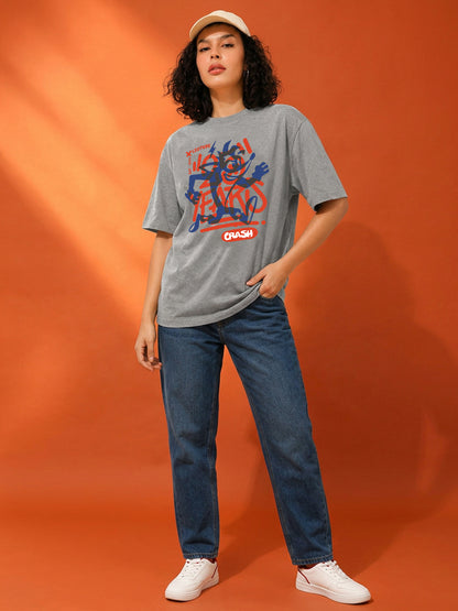 Leotude Women's Crash Graffiti Printed Grey Oversized T-Shirt