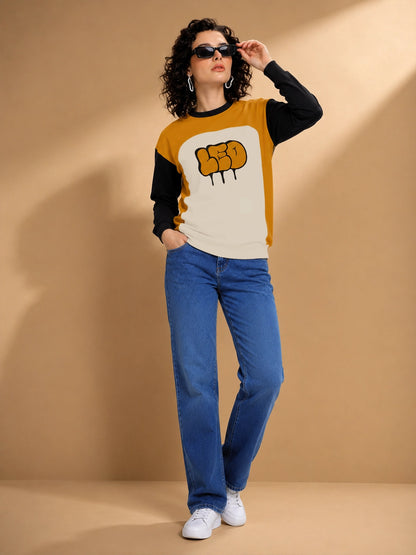 Leotude Women's Mustard Leo Colour Block Full Sleeve T-Shirt