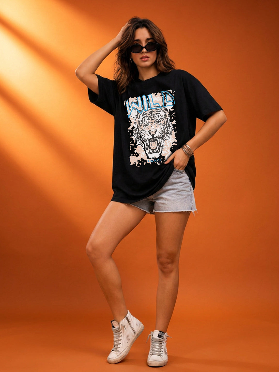 Leotude Black Wild Printed Oversized Tshirt for Women