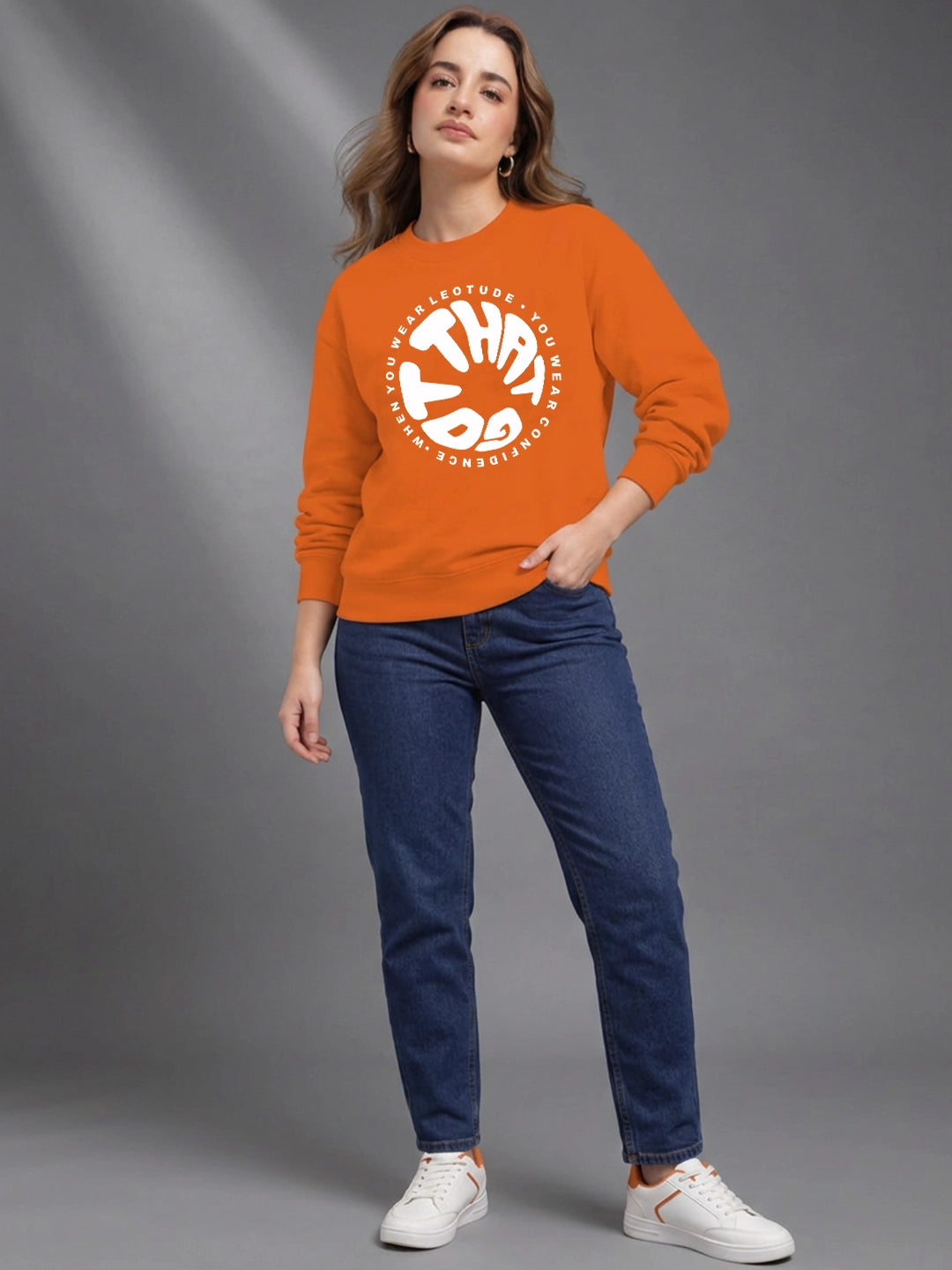 Leotude Women's Orange Graphic Printed Sweatshirt