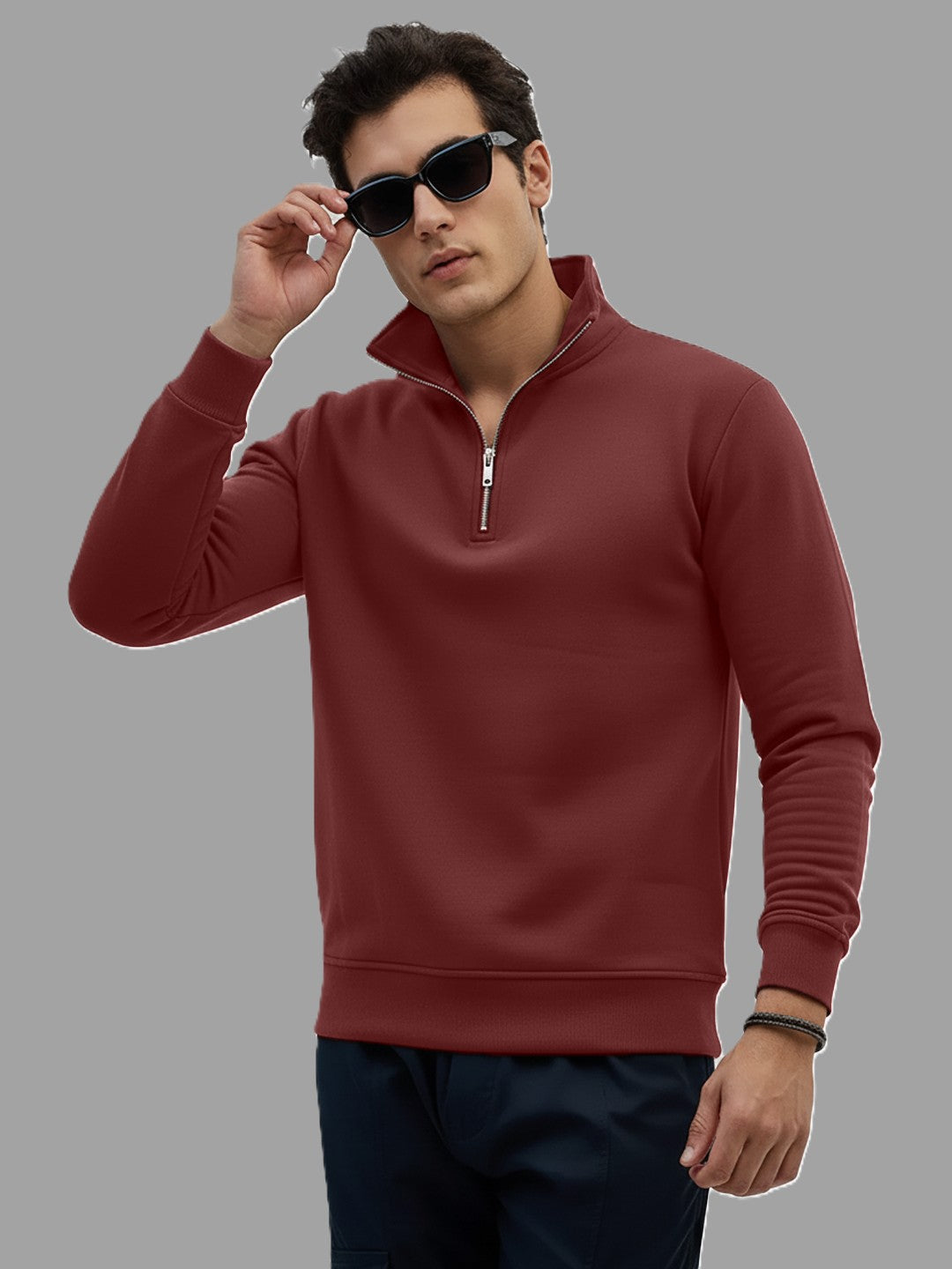 Leotude Maroon High Neck Half Zipper Sweatshirt for Men