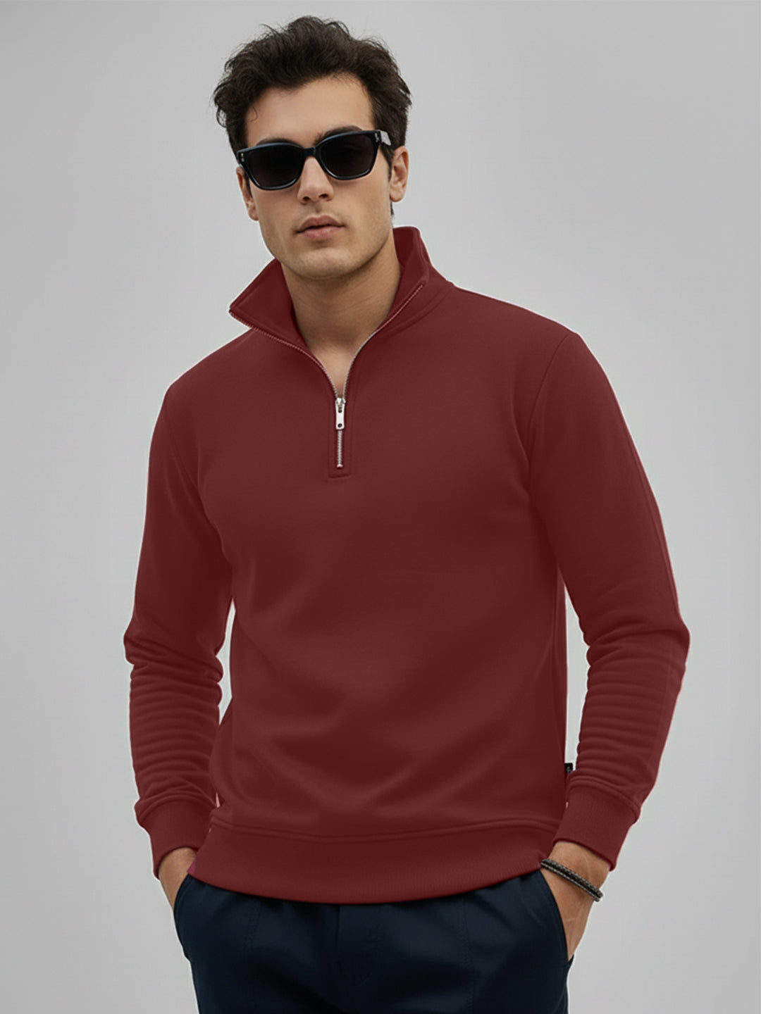 Leotude Maroon High Neck Half Zipper Sweatshirt for Men