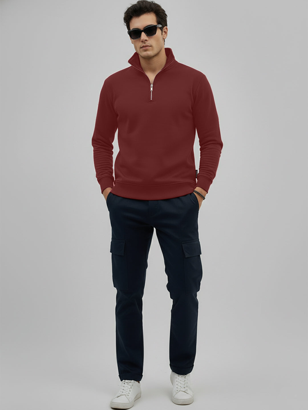 Leotude Maroon High Neck Half Zipper Sweatshirt for Men