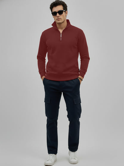 Leotude Maroon High Neck Half Zipper Sweatshirt for Men