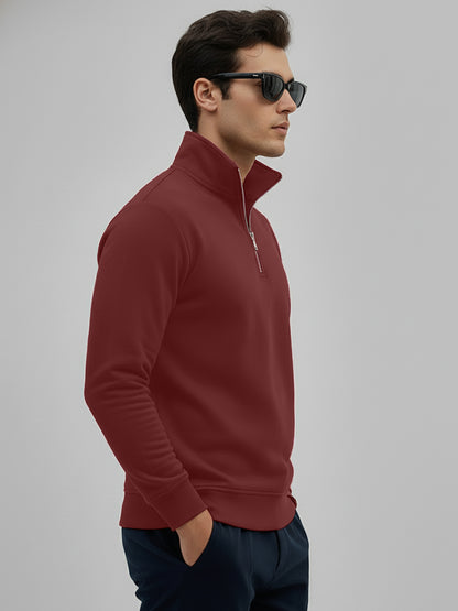 Leotude Maroon High Neck Half Zipper Sweatshirt for Men