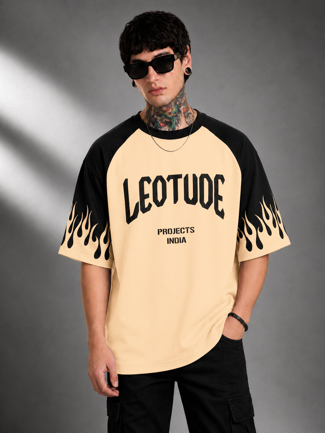 Leotude Men's Flame Print Raglan T-Shirt — Beige Oversized Tee