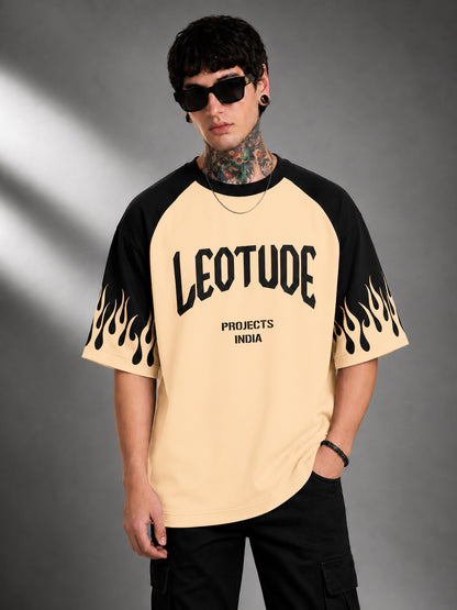 Leotude Men's Flame Print Raglan T-Shirt — Beige Oversized Tee