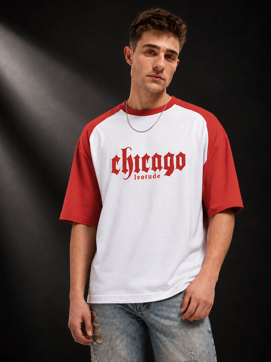 Leotude Men's White Chicago Raglan Oversized T-Shirt