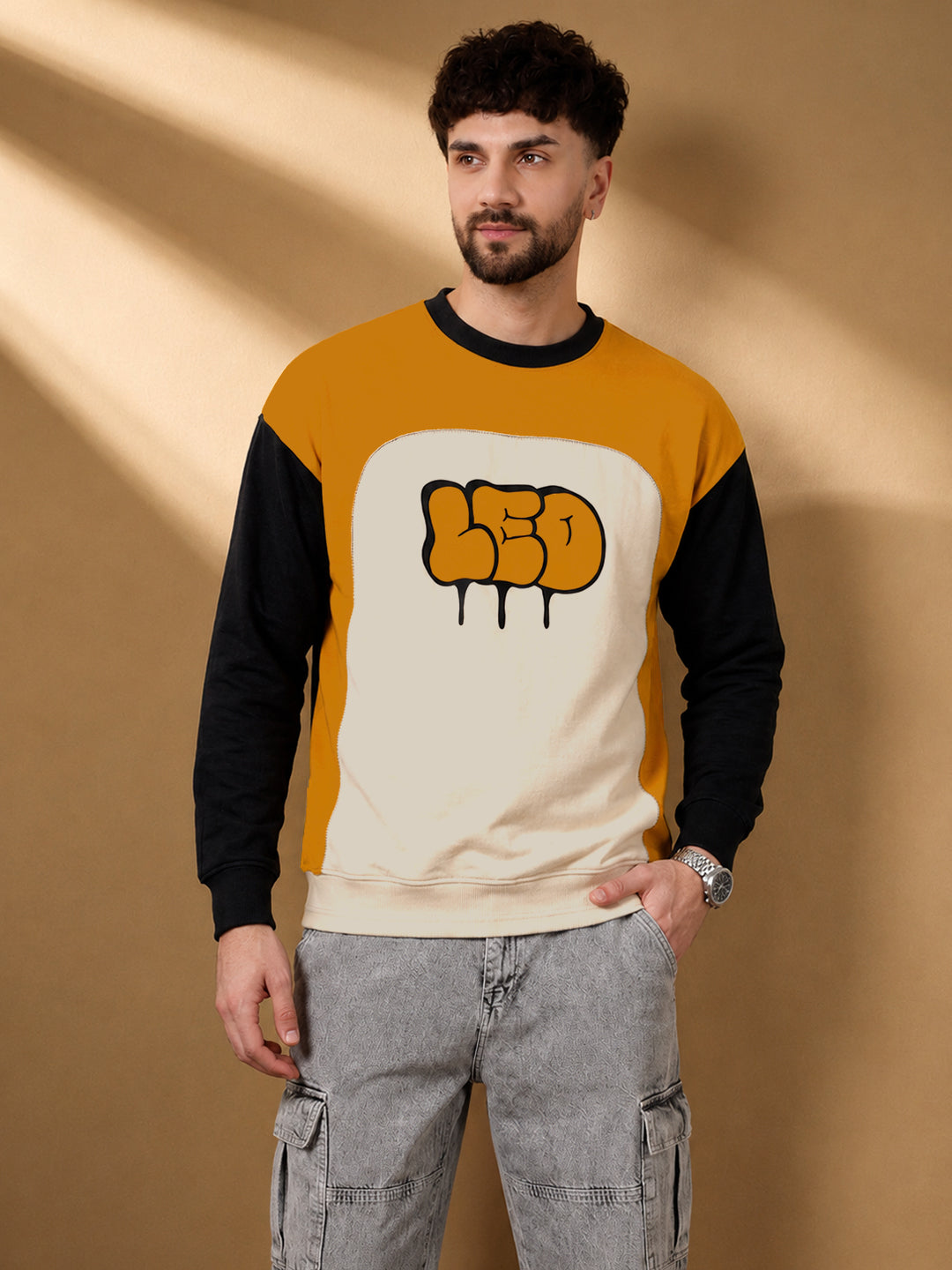 Leotude Men's Mustard Leo Colour Block Full Sleeve T-Shirt