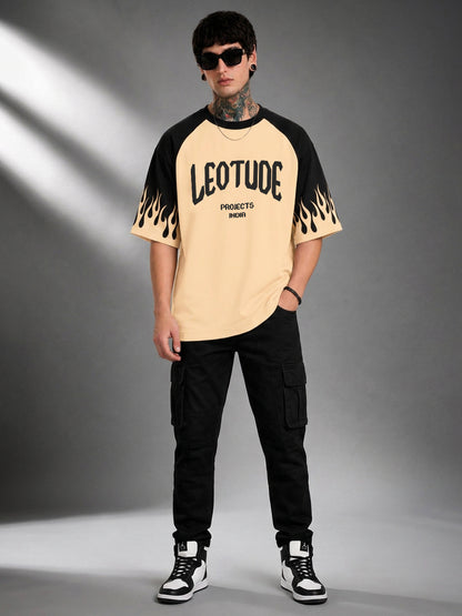 Leotude Men's Flame Print Raglan T-Shirt — Beige Oversized Tee