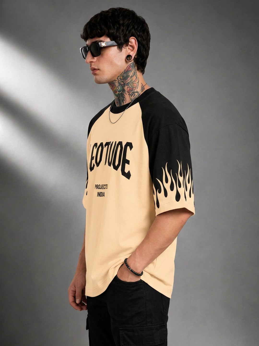 Leotude Men's Flame Print Raglan T-Shirt — Beige Oversized Tee