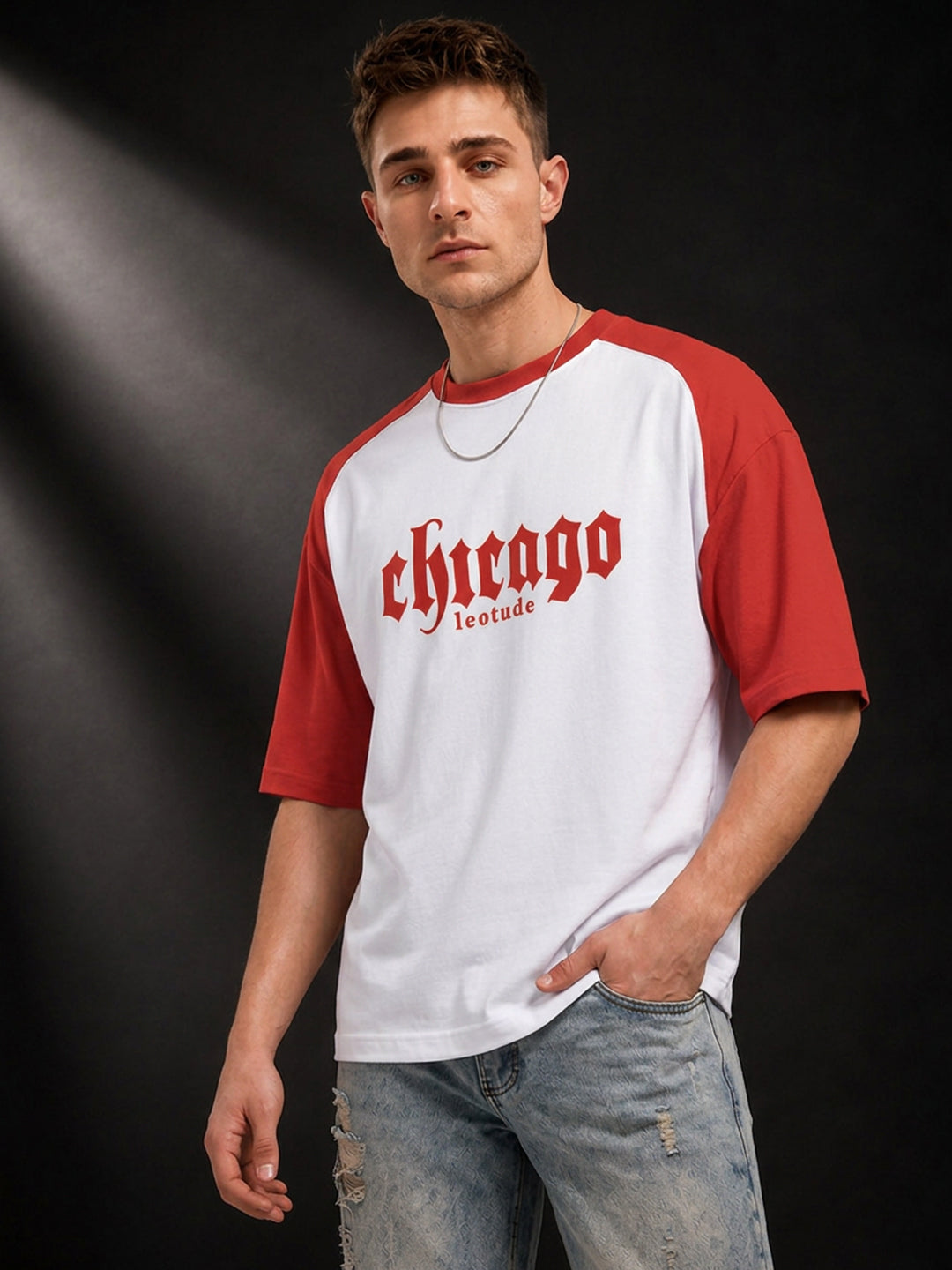 Leotude Men's White Chicago Raglan Oversized T-Shirt