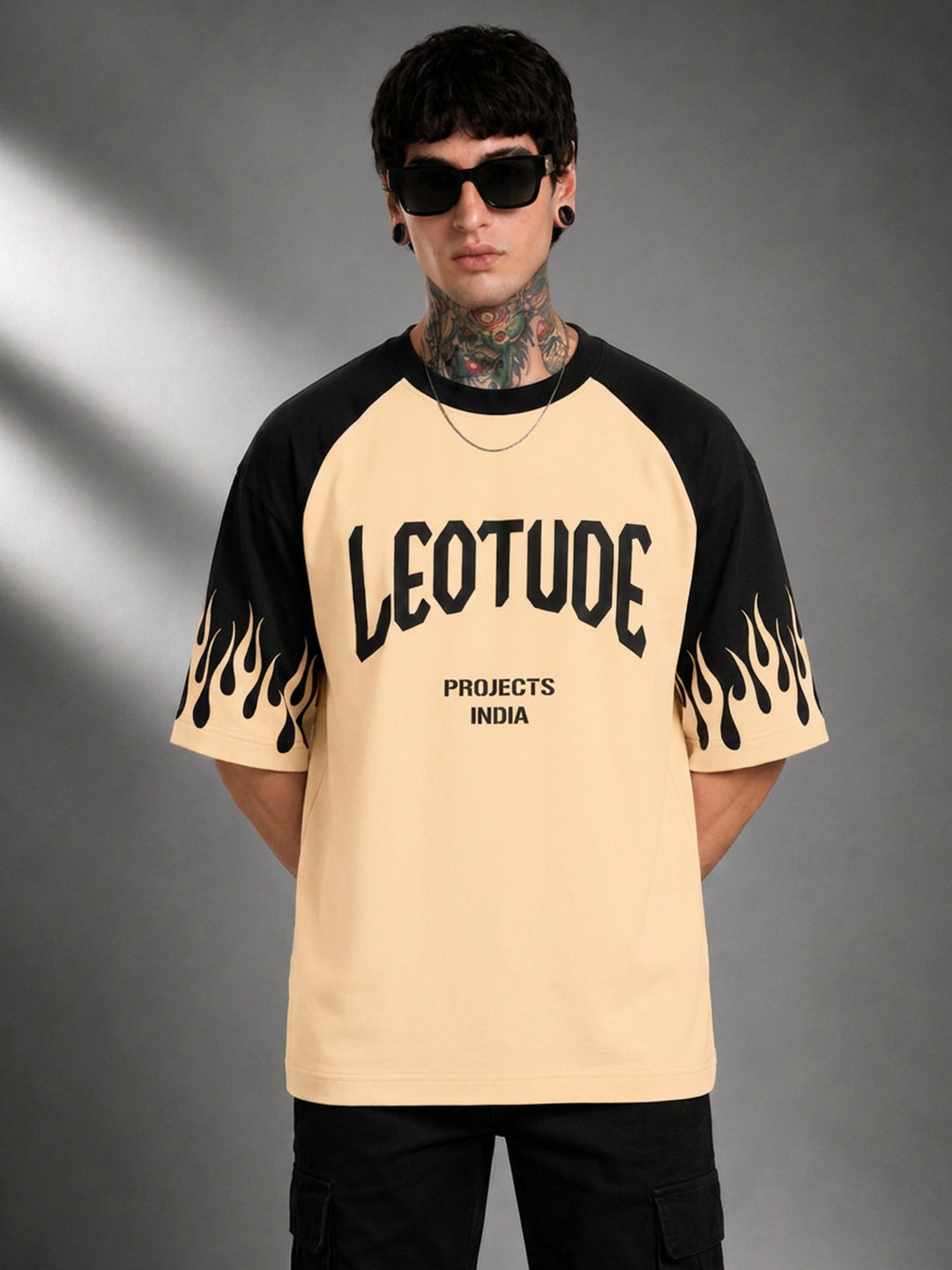 Leotude Men's Flame Print Raglan T-Shirt — Beige Oversized Tee