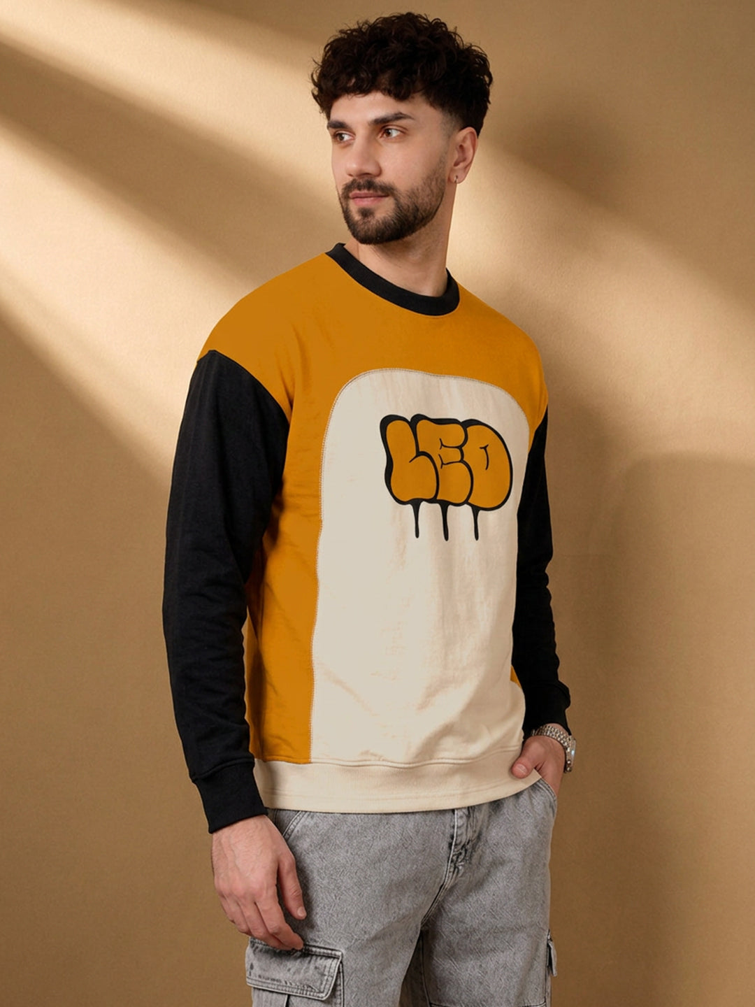 Leotude Men's Mustard Leo Colour Block Full Sleeve T-Shirt