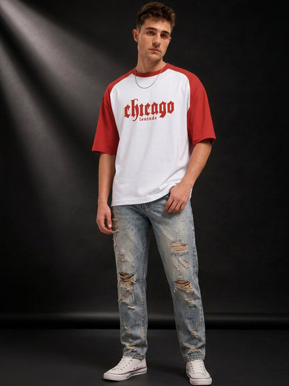 Leotude Men's White Chicago Raglan Oversized T-Shirt