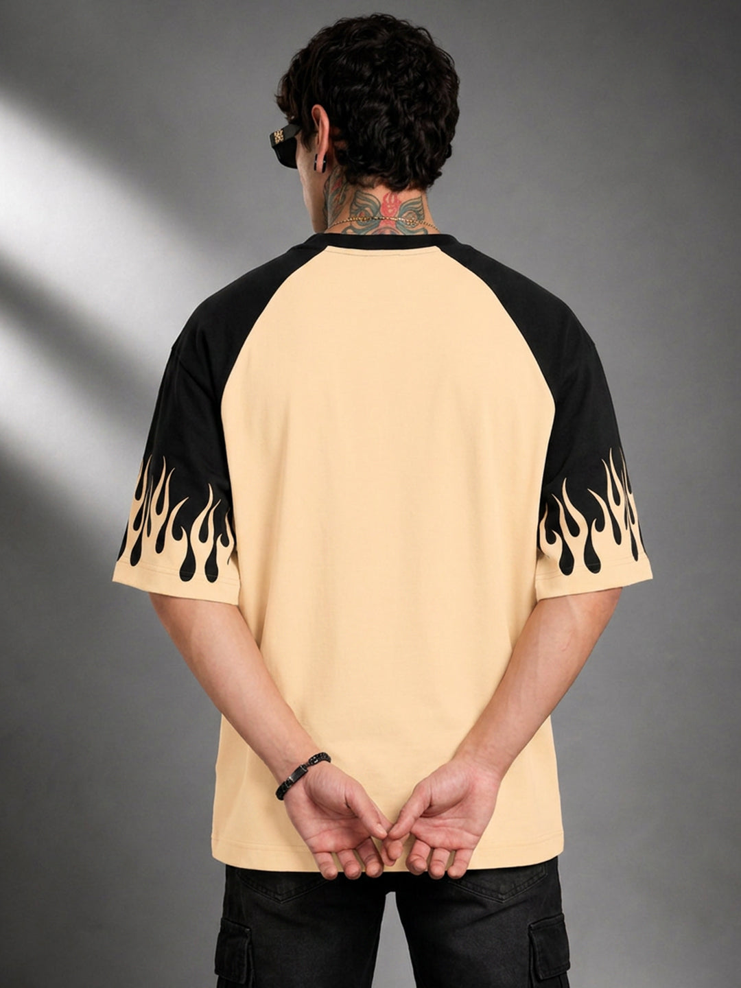Leotude Men's Flame Print Raglan T-Shirt — Beige Oversized Tee