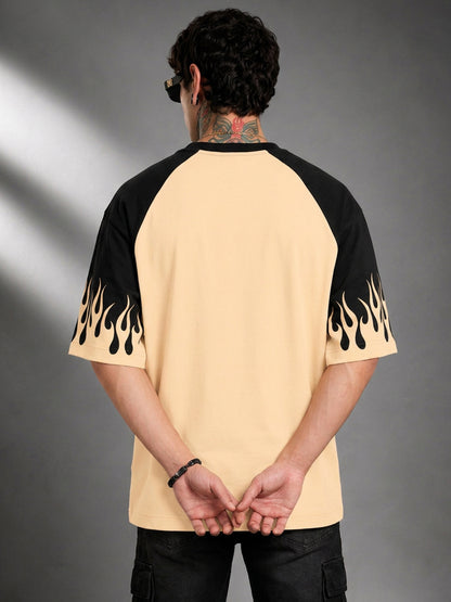 Leotude Men's Flame Print Raglan T-Shirt — Beige Oversized Tee