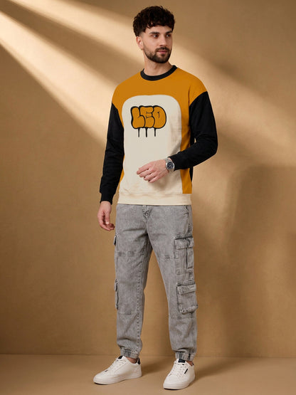 Leotude Men's Mustard Leo Colour Block Full Sleeve T-Shirt