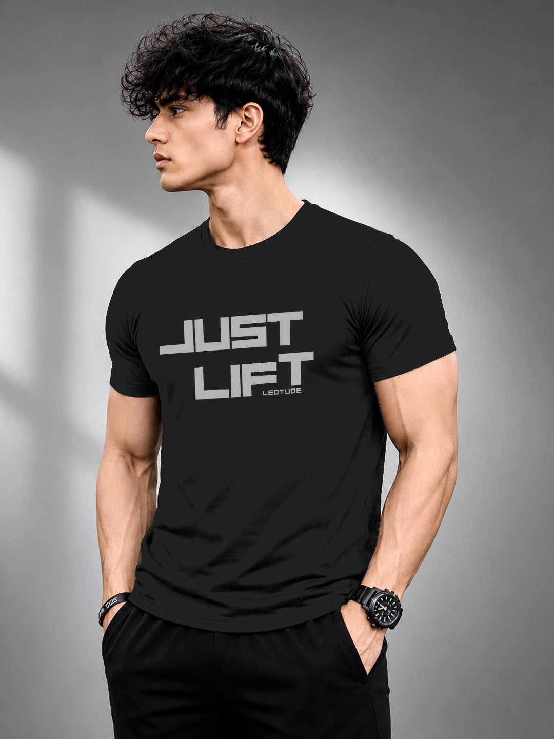 Leotude Black Just Lift Printed Regular Fit Tshirt for Men