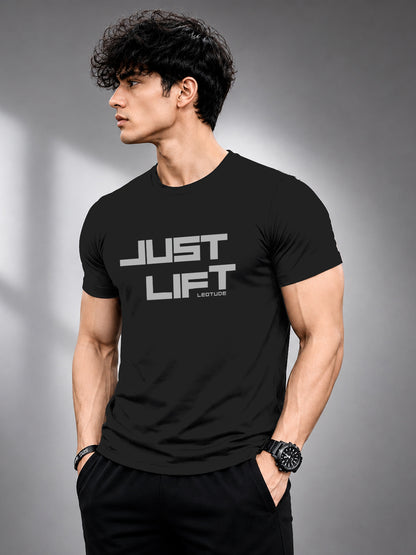 Leotude Black Just Lift Printed Regular Fit Tshirt for Men