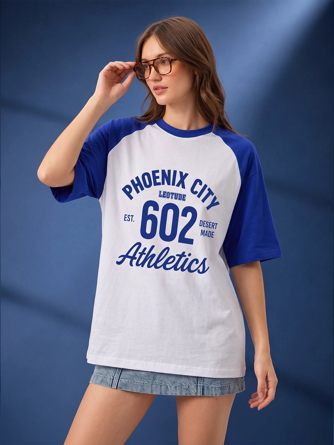 Leotude Women's "Phoenix City" Printed Raglan T-Shirt — White & Blue Oversized Tee