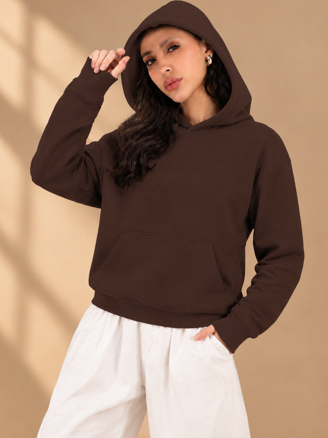 Leotude Women's Brown Solid Hooded Sweatshirt