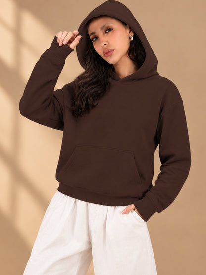 Leotude Women's Brown Solid Hooded Sweatshirt