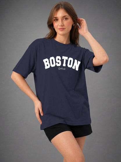 Leotude Navy Boston Printed Oversized Tshirt for Women