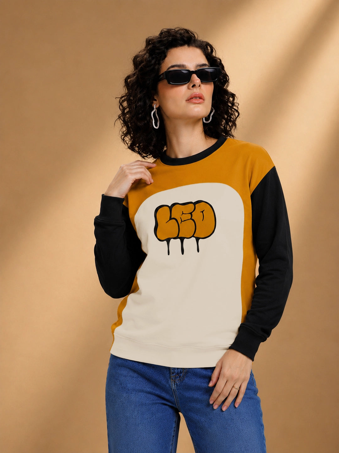 Leotude Women's Mustard Leo Colour Block Full Sleeve T-Shirt