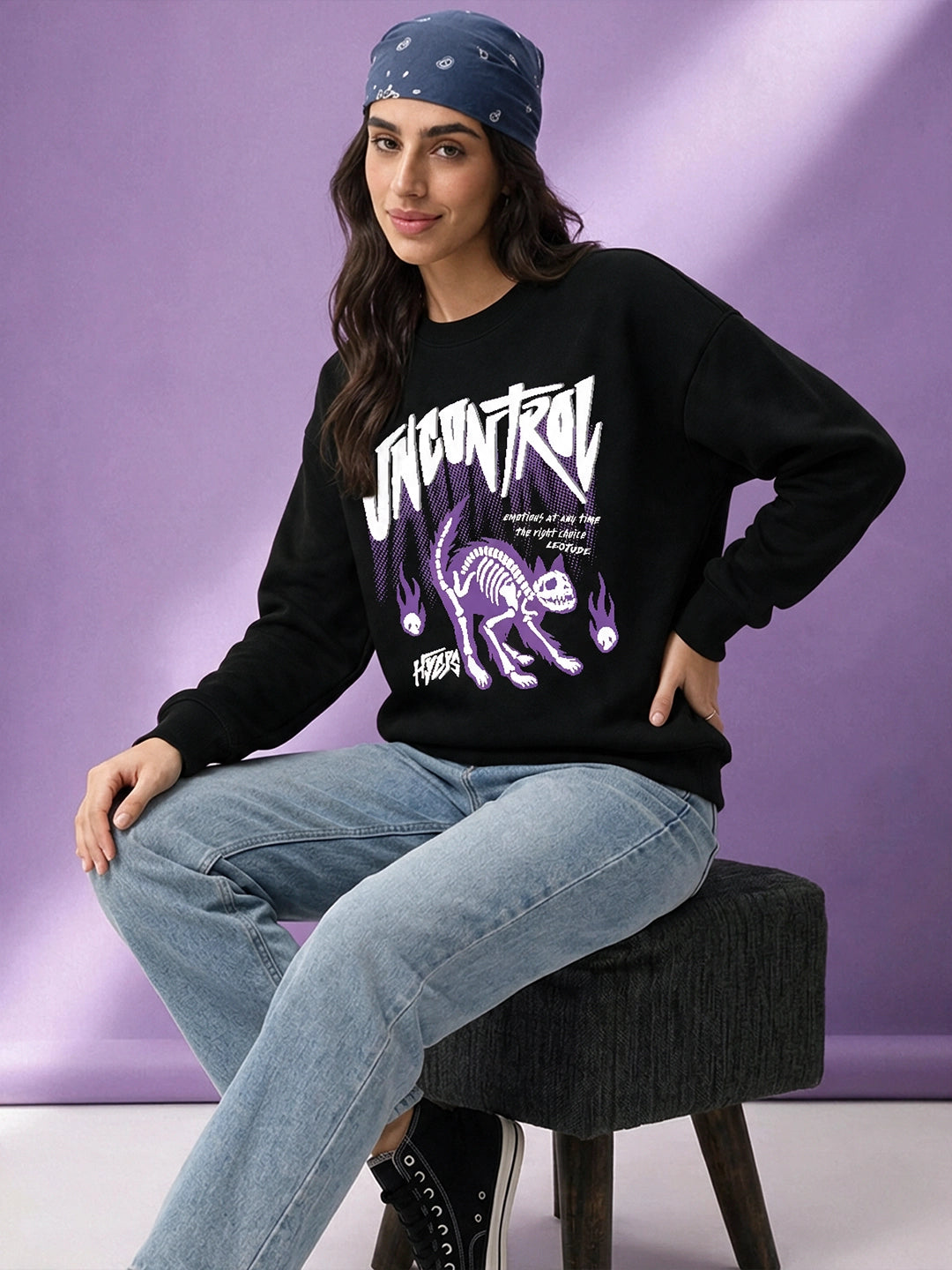 Leotude Women's Black UNCONTROL Cat Skeleton Graphic Printed Sweatshirt