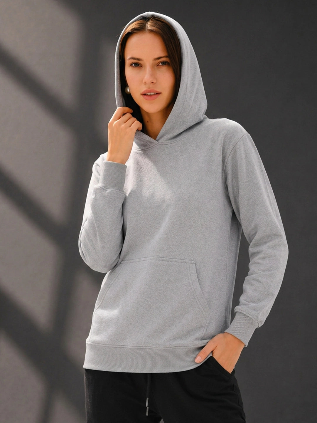 Leotude Women's Grey Melange Solid Hooded Sweatshirt